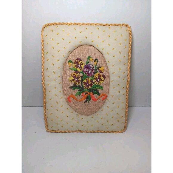 Handmade Other - Vintage 70's Fabric Needlepoint Crosstitch Floral Bouquet Violets Wall Hanging